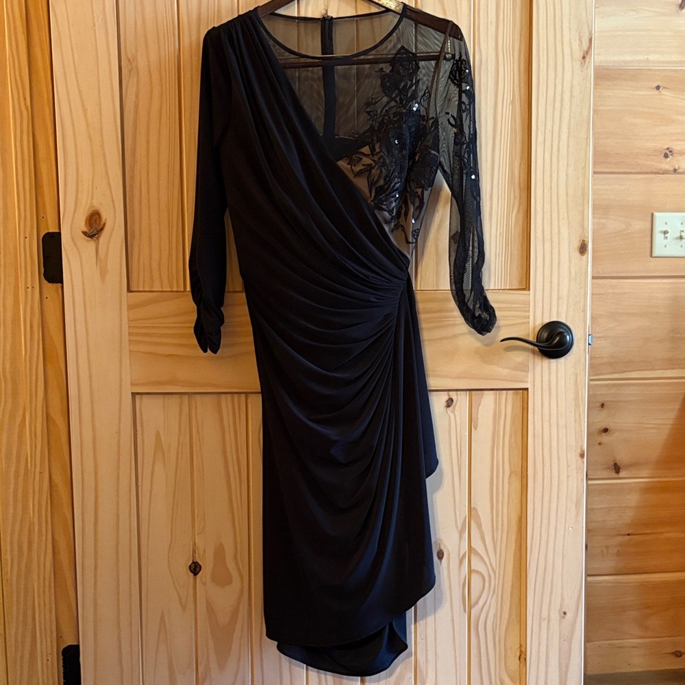 Tadashi Shoji Black Asymmetrical Dress with Sheer Floral Accent